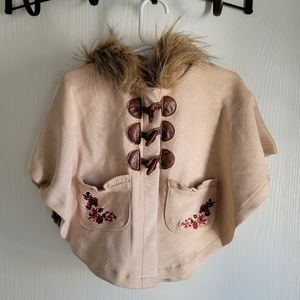 Little Lass Girls 18M Poncho Hooded Faux Fur Embroidered Jacket Coat Snap button